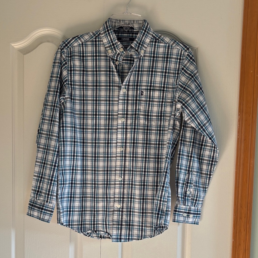 Izod Boy’s White, Teal and Blue Checkered Shirt